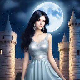 A beautiful woman with black hair and blue eyes, wearing a silver-colored dress, standing in a castle