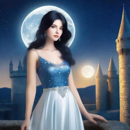 A beautiful woman with black hair and blue eyes, wearing a silver-colored dress, standing in a castle