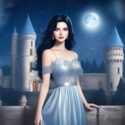 A beautiful woman with black hair and blue eyes, wearing a silver-colored dress, standing in a castle