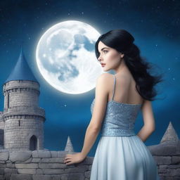 A beautiful woman with black hair and blue eyes, wearing a silver-colored dress, standing in a castle