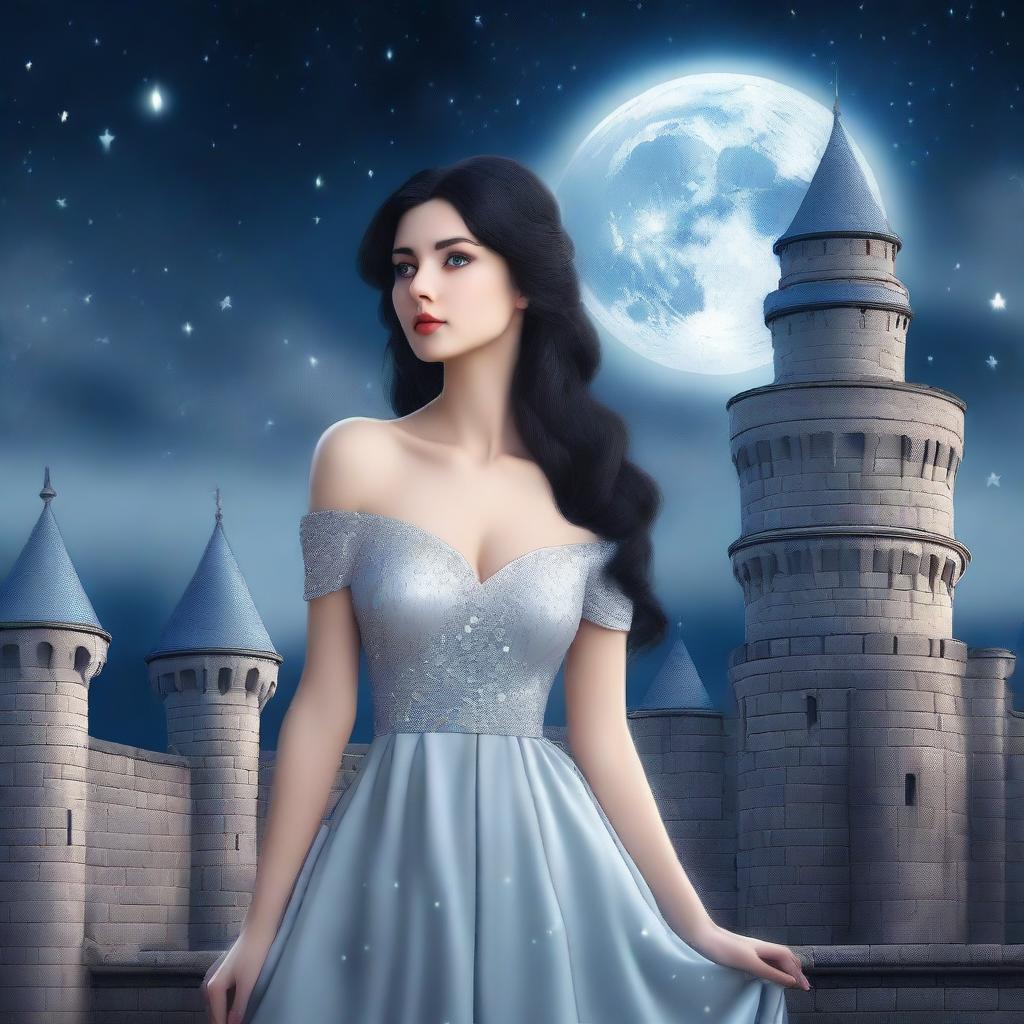 A beautiful woman with black hair and a blue eye, wearing a silver-gray dress, standing in a castle