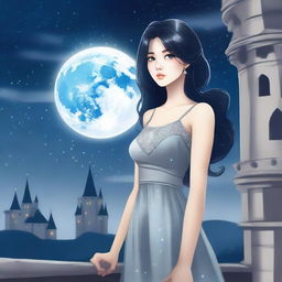 A beautiful woman with black hair and a blue eye, wearing a silver-gray dress, standing in a castle