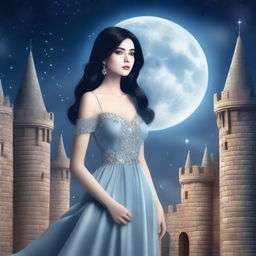 A beautiful woman with black hair and a blue eye, wearing a silver-gray dress, standing in a castle