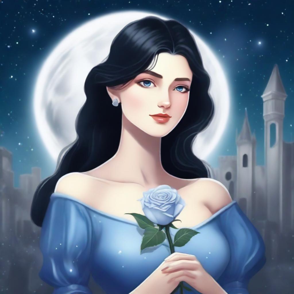 A beautiful woman with black hair and blue eyes, standing in a castle and holding a silver-gray rose