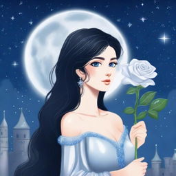 A beautiful woman with black hair and blue eyes, standing in a castle and holding a silver-gray rose