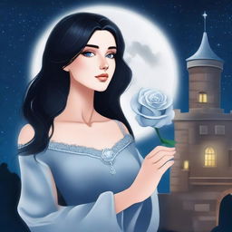 A beautiful woman with black hair and blue eyes, standing in a castle and holding a silver-gray rose