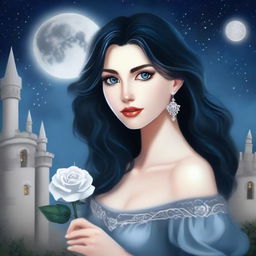 A beautiful woman with black hair and blue eyes, standing in a castle and holding a silver-gray rose