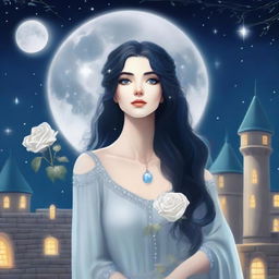 A beautiful woman with black hair and blue eyes, standing in a castle and looking up at a huge full white moon with many bright stars in the night sky