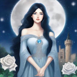 A beautiful woman with black hair and blue eyes, standing in a castle and looking up at a huge full white moon with many bright stars in the night sky