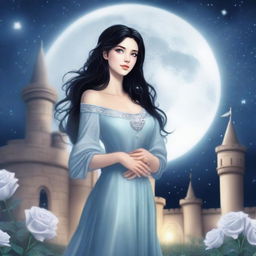 A beautiful woman with black hair and blue eyes, standing in a castle and looking up at a huge full white moon with many bright stars in the night sky