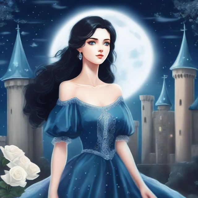 A beautiful woman with black hair and blue eyes, standing in a castle and looking up at a huge full white moon with many bright stars in the night sky