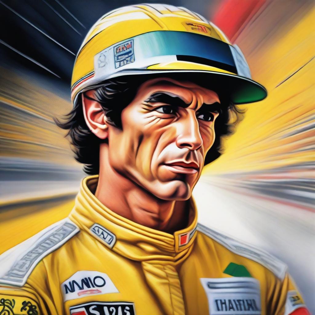 A detailed portrait of Ayrton Senna, the famous Formula 1 driver, capturing his intense focus and determination