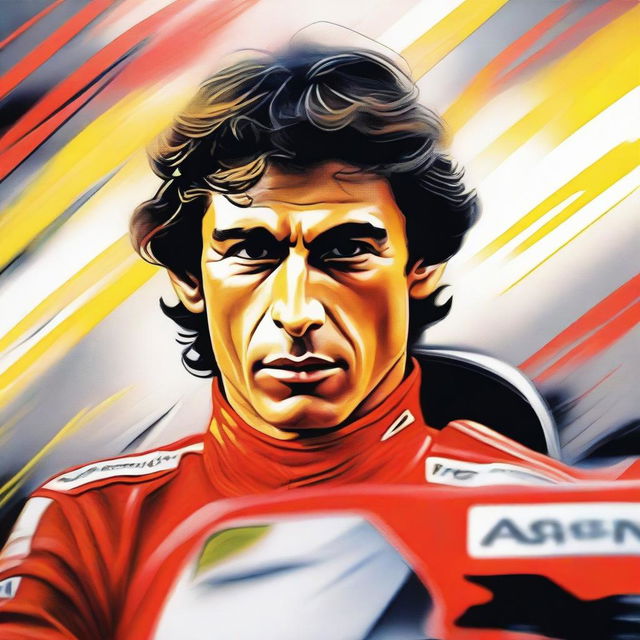 A detailed portrait of Ayrton Senna, the famous Formula 1 driver, capturing his intense focus and determination