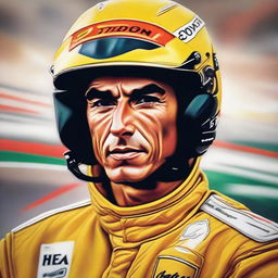 A detailed portrait of Ayrton Senna, the famous Formula 1 driver, capturing his intense focus and determination