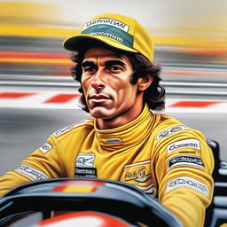 A detailed portrait of Ayrton Senna, the famous Formula 1 driver, capturing his intense focus and determination