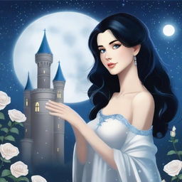 A beautiful woman with black hair and blue eyes, standing in a castle and looking up at a huge full white moon with many bright stars in the night sky