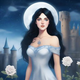 A beautiful woman with black hair and blue eyes, standing in a castle and looking up at a huge full white moon with many bright stars in the night sky