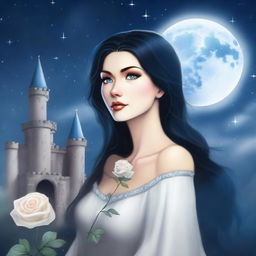 A beautiful woman with black hair and blue eyes, standing in a castle and looking up at a huge full white moon with many bright stars in the night sky