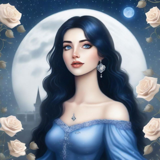 A beautiful woman with black hair and blue eyes, standing in a castle and looking up at a huge full white moon with many bright stars in the night sky