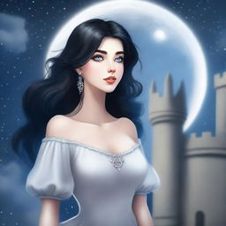 A beautiful woman with black hair and blue eyes, standing at the top of a castle, looking up at a huge full white moon