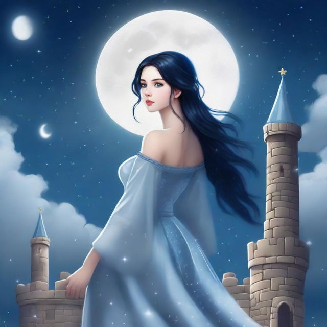 A beautiful woman with black hair and blue eyes, standing at the top of a castle, looking up at a huge full white moon