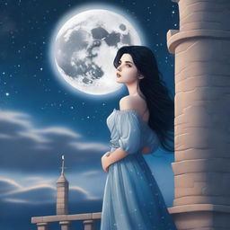 A beautiful woman with black hair and blue eyes, standing at the top of a castle, looking up at a huge full white moon