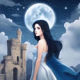 A beautiful woman with black hair and blue eyes, standing at the top of a castle, looking up at a huge full white moon