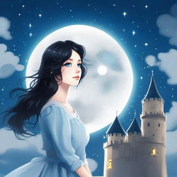 A beautiful woman with black hair and blue eyes, standing at the top of a castle, looking up at a huge full white moon