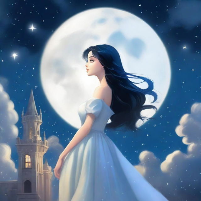 A beautiful woman with black hair and blue eyes, standing at the top of a castle, looking up at a huge full white moon