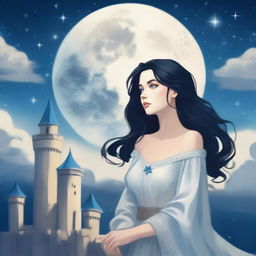 A beautiful woman with black hair and blue eyes, standing at the top of a castle, looking up at a huge full white moon