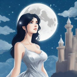 A beautiful woman with black hair and blue eyes, standing at the top of a castle, looking up at a huge full white moon