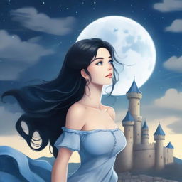 A beautiful woman with black hair and blue eyes, standing at the top of a castle, looking up