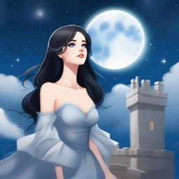 A beautiful woman with black hair and blue eyes, standing at the top of a castle, looking up