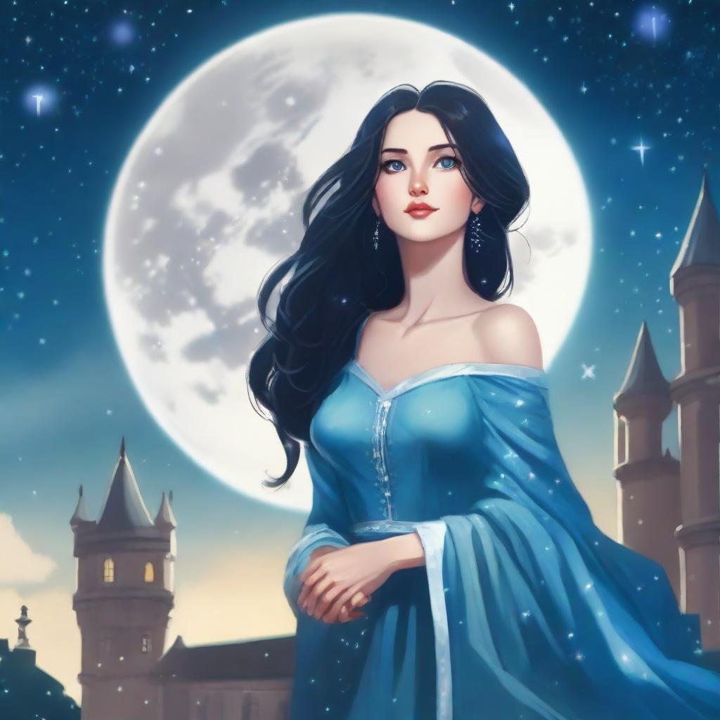 A beautiful woman with black hair and blue eyes, standing at the top of a castle, looking up