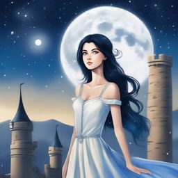 A beautiful woman with black hair and blue eyes, standing at the top of a castle, looking up