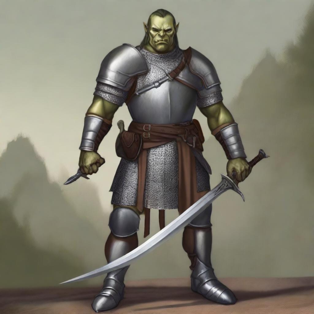 A half-orc soldier wearing chainmail armor, standing confidently with a longsword in hand