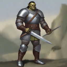 A half-orc soldier wearing chainmail armor, standing confidently with a longsword in hand