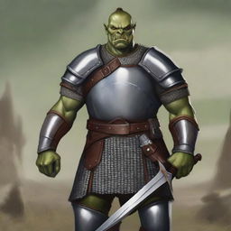 A half-orc soldier wearing chainmail armor, standing confidently with a longsword in hand