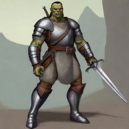 A half-orc soldier wearing chainmail armor, standing confidently with a longsword in hand