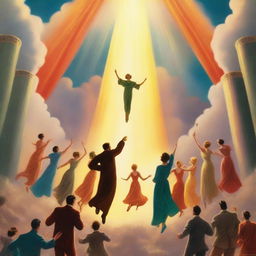 A breathtaking scene of the rapture, with people jumping with bright faces ascending towards a bright, fiery light in the sky, surrounded by clouds and a sense of divine presence, in art deco style