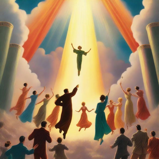 A breathtaking scene of the rapture, with people jumping with bright faces ascending towards a bright, fiery light in the sky, surrounded by clouds and a sense of divine presence, in art deco style