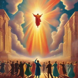 A breathtaking scene of the rapture, with people jumping with bright faces ascending towards a bright, fiery light in the sky, surrounded by clouds and a sense of divine presence, in art deco style