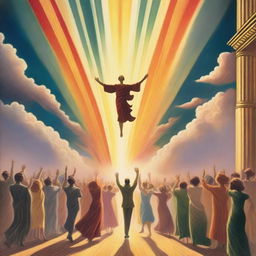 A breathtaking scene of the rapture, with people jumping with bright faces ascending towards a bright, fiery light in the sky, surrounded by clouds and a sense of divine presence, in art deco style