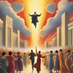 A breathtaking scene of the rapture, with people jumping with bright faces ascending towards a bright, fiery light in the sky, surrounded by clouds and a sense of divine presence, in art deco style