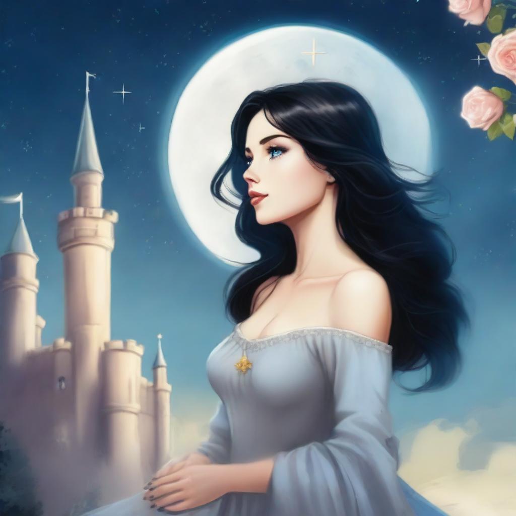 A beautiful woman with black hair and blue eyes, standing at the top of a castle, looking up