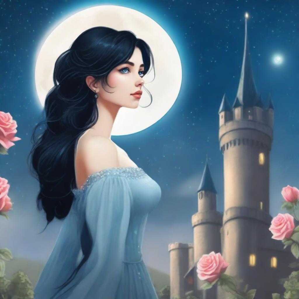 A beautiful woman with black hair and blue eyes, standing at the top of a castle, looking up