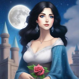 A beautiful woman with black hair and blue eyes, standing at the top of a castle, looking up