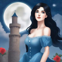 A beautiful woman with black hair and blue eyes, standing at the top of a castle, looking up