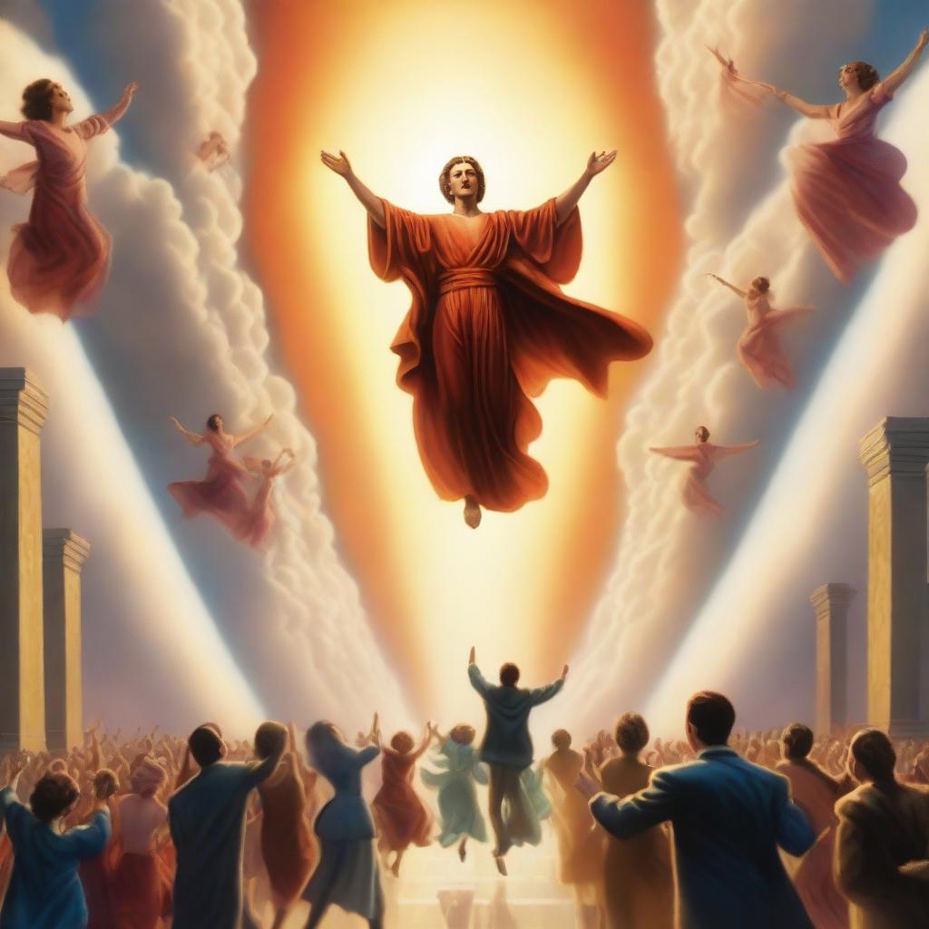 A breathtaking scene of the rapture, with people jumping with realistic faces ascending towards a bright, fiery light in the sky, surrounded by clouds and a sense of divine presence, in art deco style