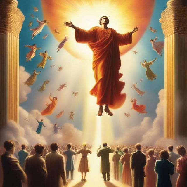 A breathtaking scene of the rapture, with people jumping with realistic faces ascending towards a bright, fiery light in the sky, surrounded by clouds and a sense of divine presence, in art deco style